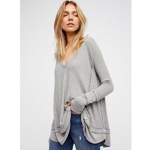 Free People Gray Waffle Knit V-Neck Long Sleeve Top